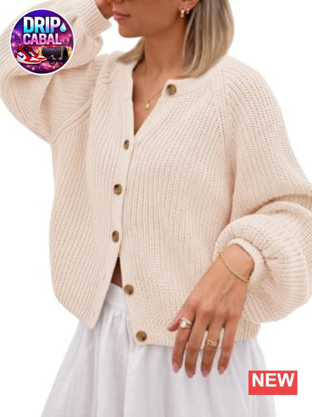 Chunky Knit Balloon Sleeve Button Cardigan Cotton Blend Fall Sweater